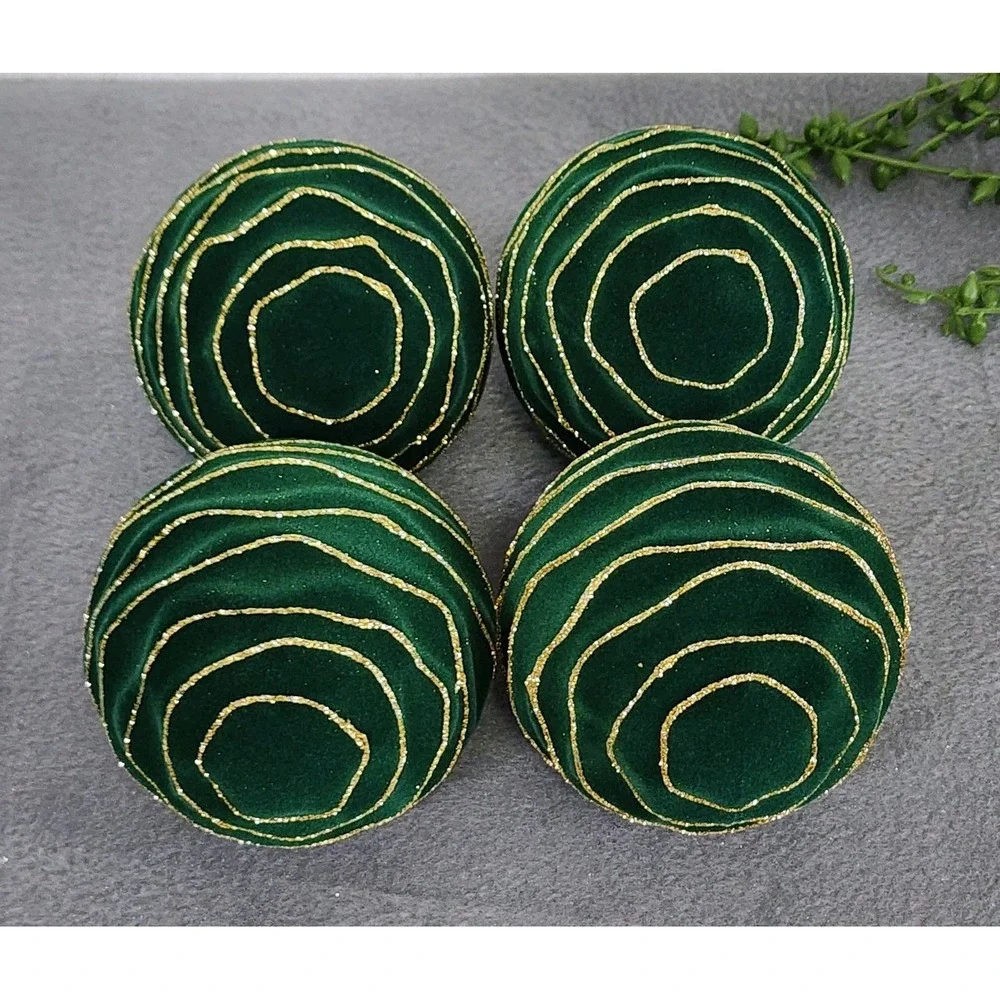 4 Green Velvet‎ Flocked Christmas Wavy Ball Ornaments Gold Glitter Plastic 4